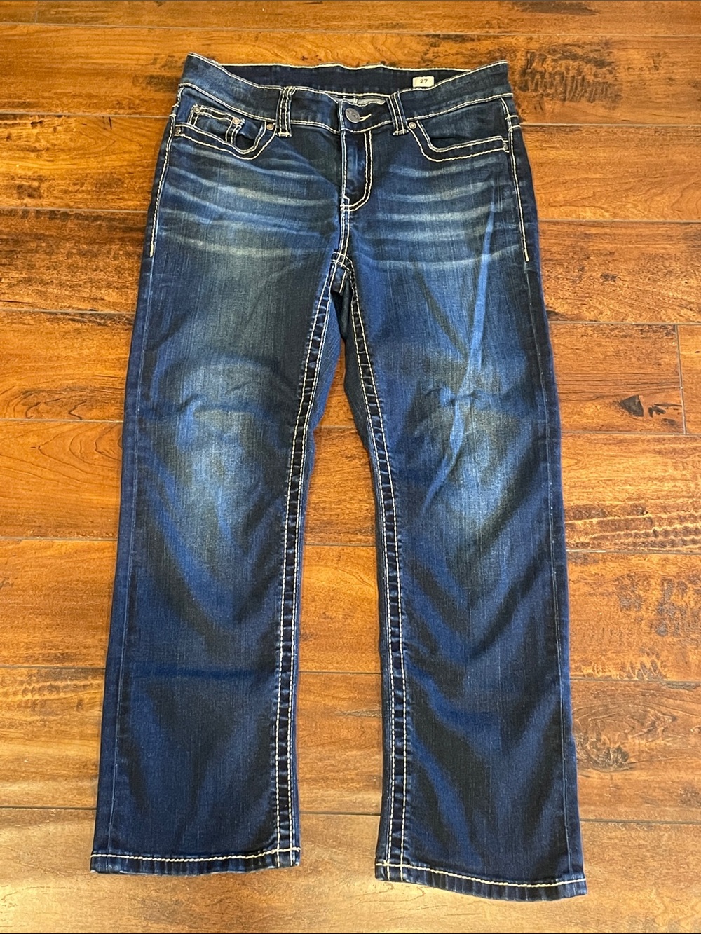 BKE Women’s Straight Leg Capri Jeans- Dark Blue with Fading